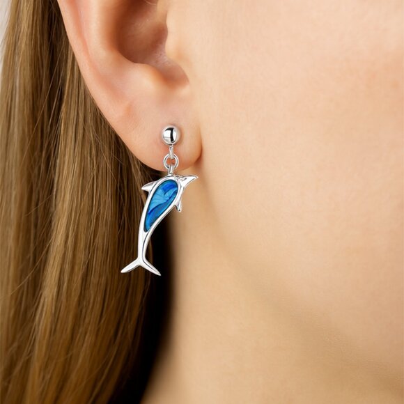 Silver Plated Dolphin Drop Earrings | Blue Abalone Inlay | Pierced Studs - Picture 5 of 9
